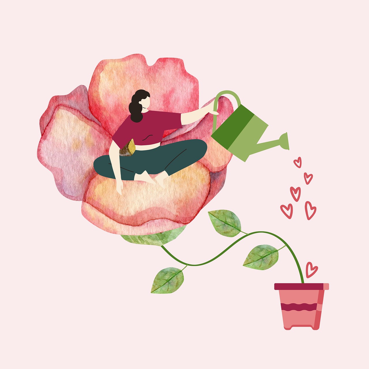 Image of woman sitting in a flower watering that flower by Rosy's Design (Hamburg) - sourced from Pixabay