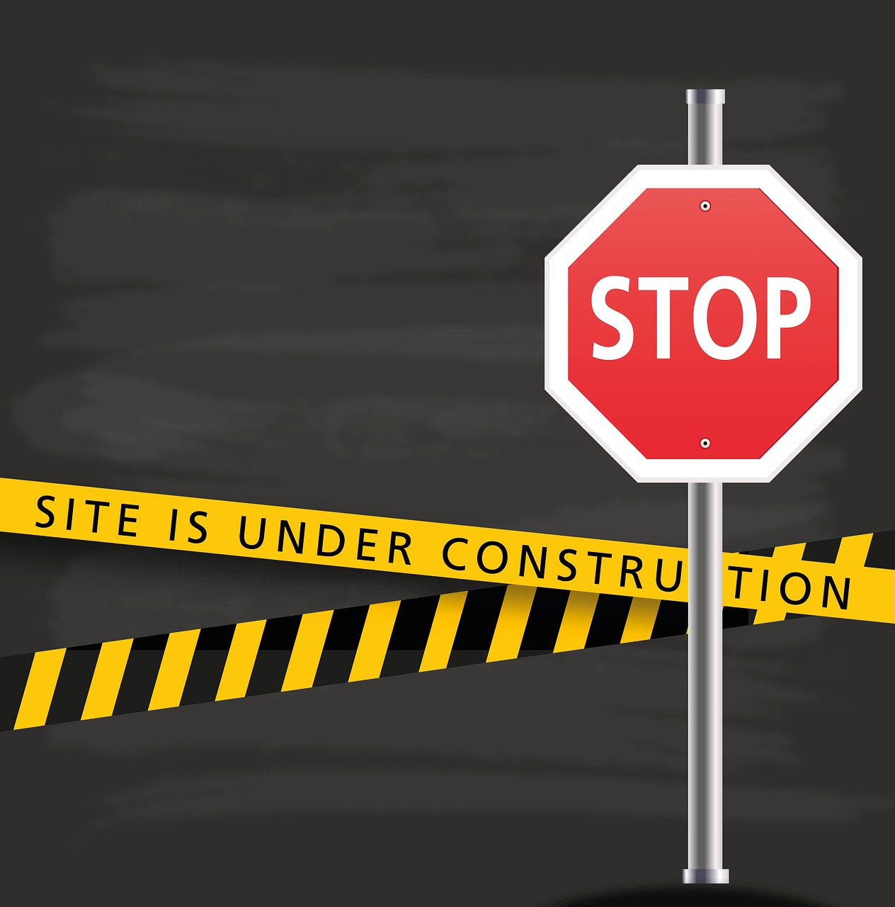 Red octagonal stop sign - stop is written in white - surrounded by yellow and black tape. On the diagonally striped tape it says 'site work under construction'. Sourced from: https://pixabay.com/photos/under-construction-stop-2629934/
